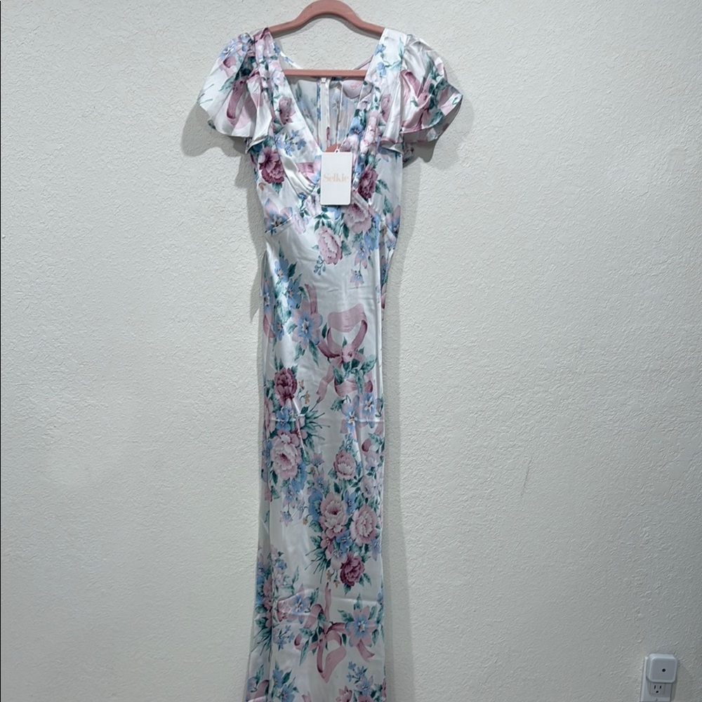 Selkie Floral Maxi Dress - Pink and Blue flutter slip in SILK cotswolds